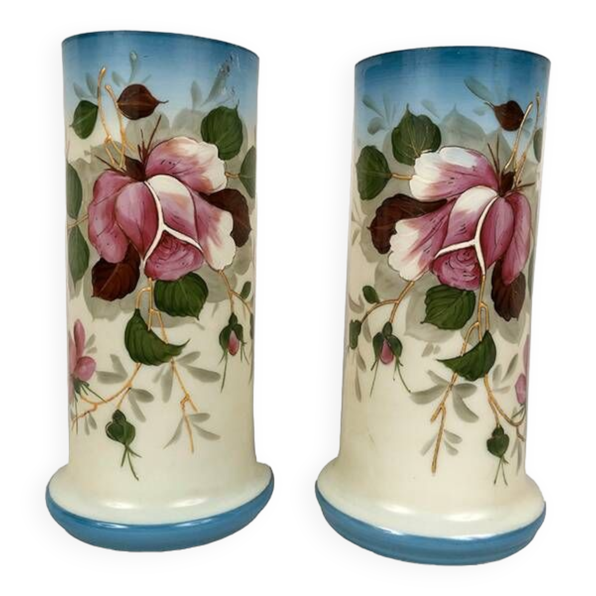 Pair of opaline vases with enameled decoration, late 19th century