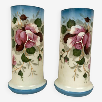 Pair of opaline vases with enameled decoration, late 19th century