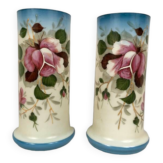 Pair of opaline vases with enameled decoration, late 19th century
