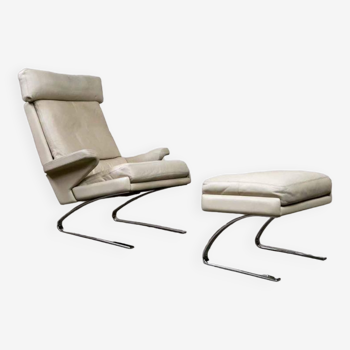 Fauteuil en cuir « Swing » avec pouf pour COR Allemagne, années 1960