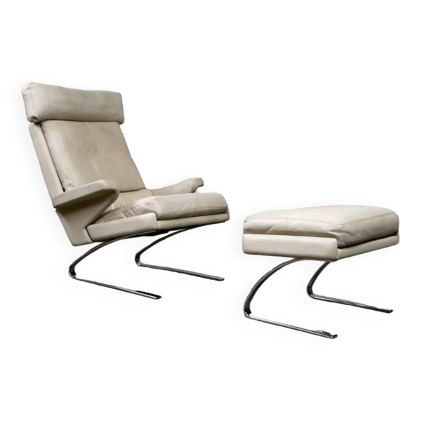 Fauteuil en cuir « Swing » avec pouf pour COR Allemagne, années 1960
