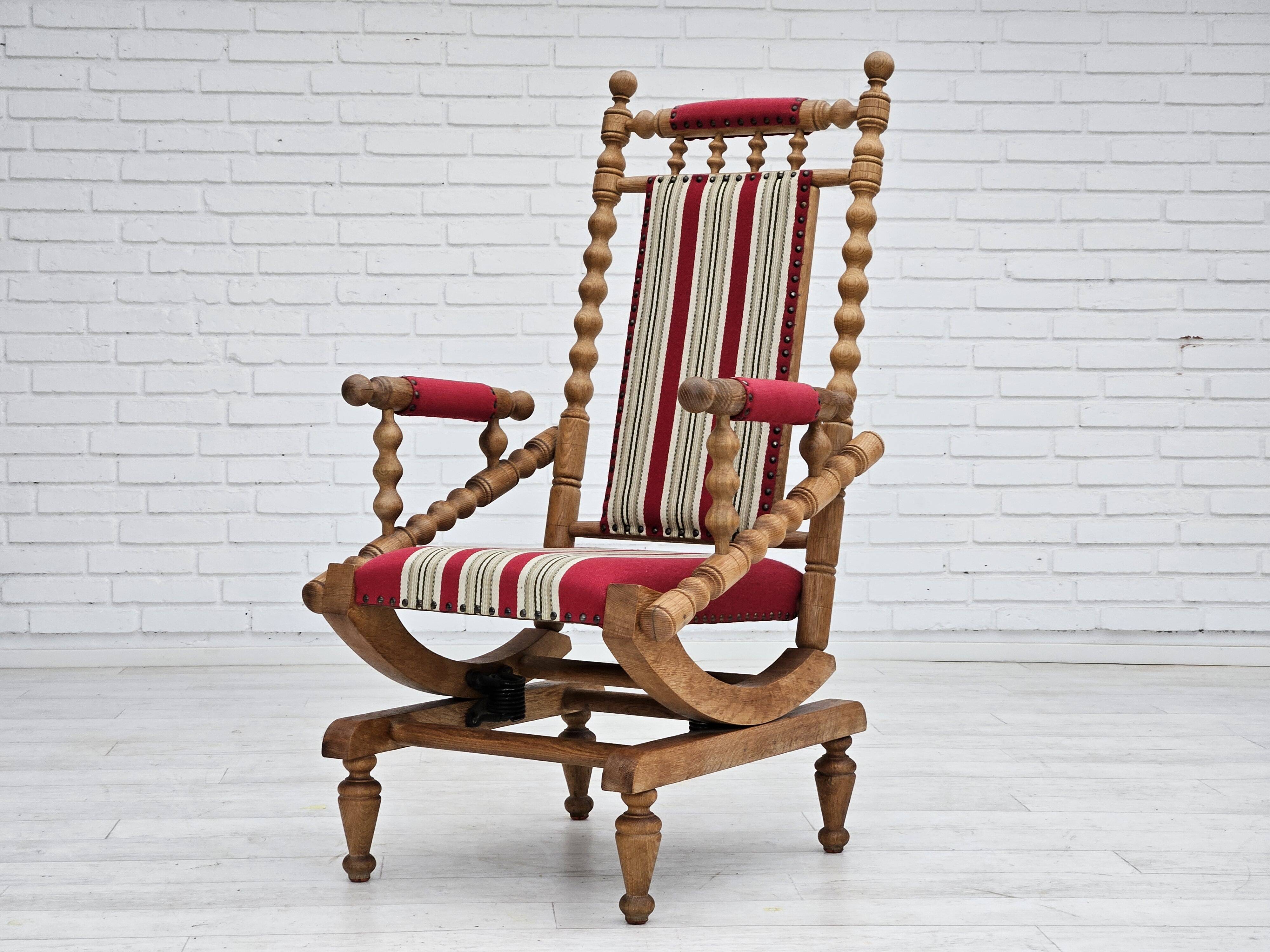 1970s, Danish highback rocking chair, oak wood, furniture wool, original condition.