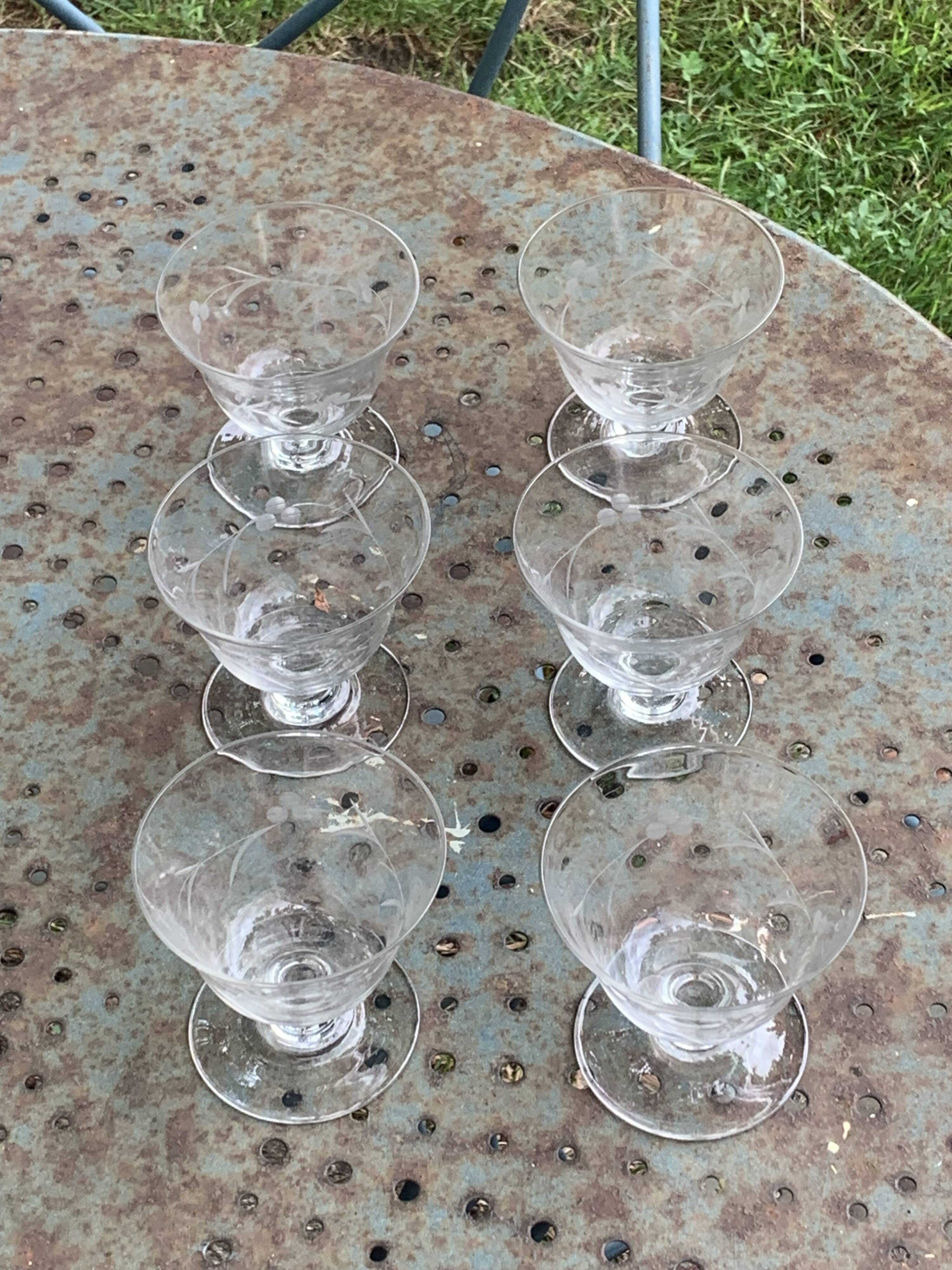 6 antique champagne glasses, chiseled floral motif, collector's item