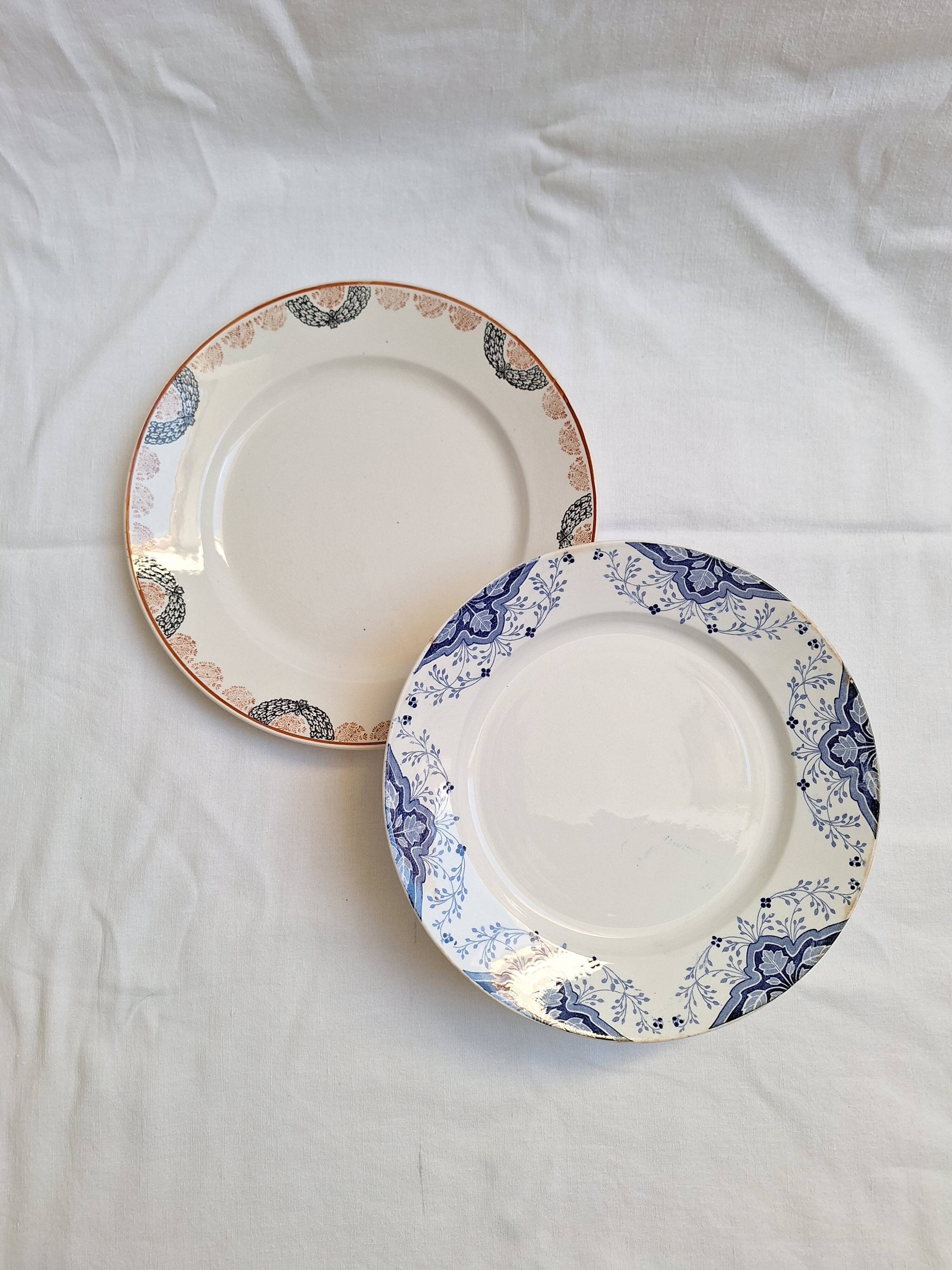 Round orange and blue plate HBCM and Creil and Montereau