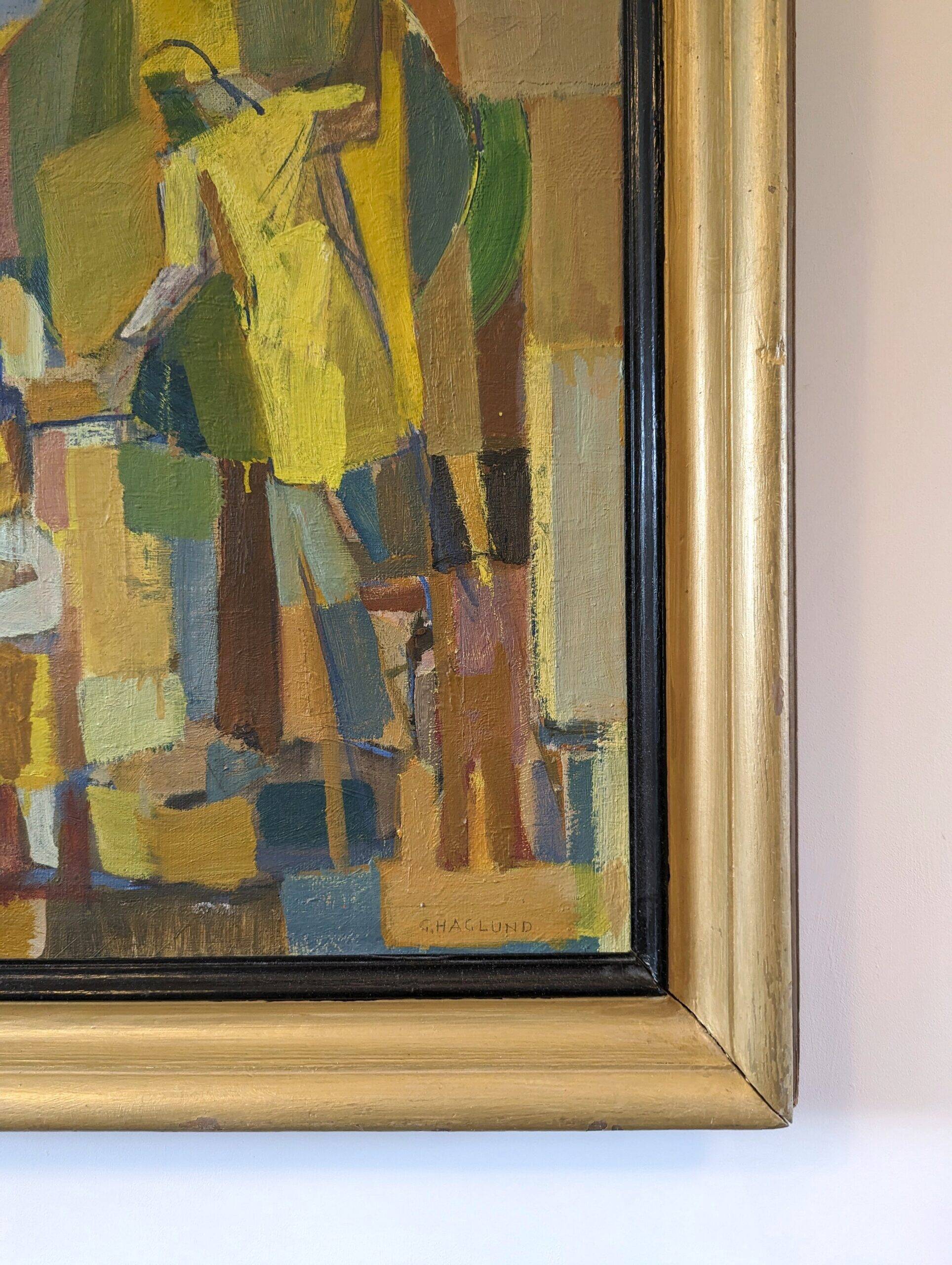 Mid-Century Modern Swedish "The Fruit Tree Pickers" Vintage Oil Painting, Framed