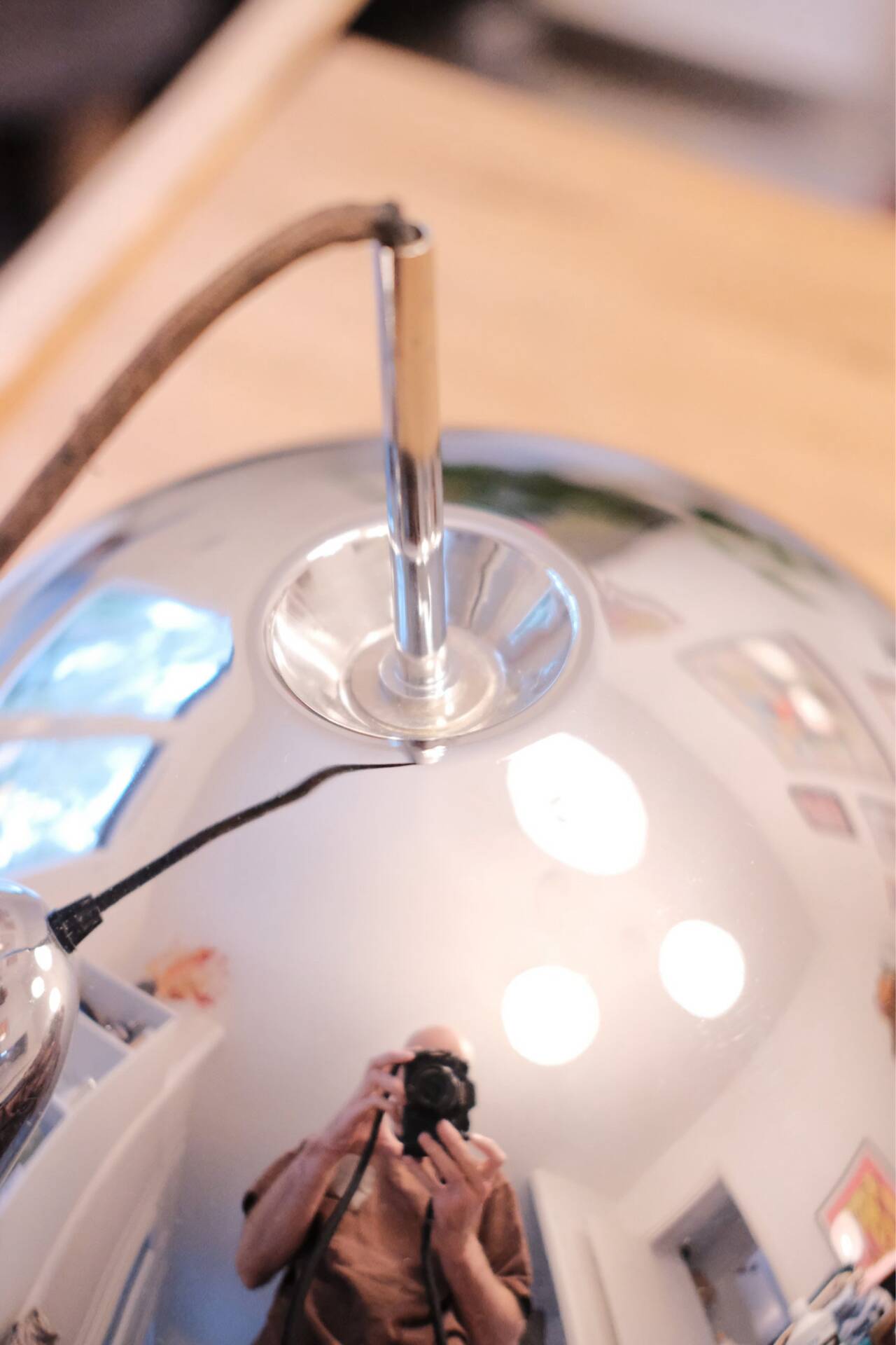 Vintage chrome dome suspension light, space age 70s, concentric rings bla.