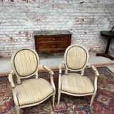 Pair of Armchairs with Back Medallion Lacquered Wood Louis XVI Style XIX Century
