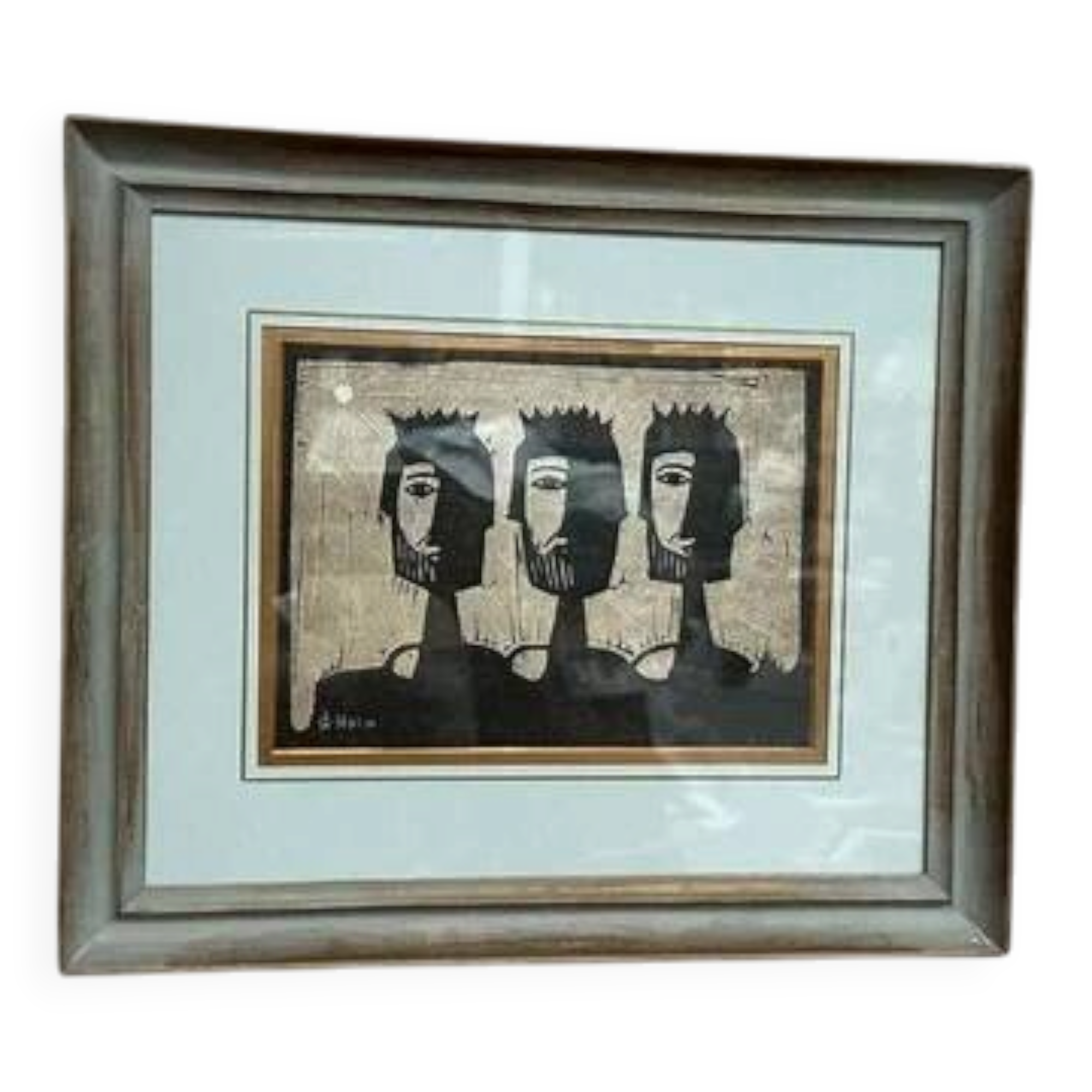 Woodcut glazed painting "Three Figures" by A. Holm, vintage & framed 37×32cm