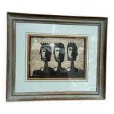 Woodcut glazed painting "Three Figures" by A. Holm, vintage & framed 37×32cm