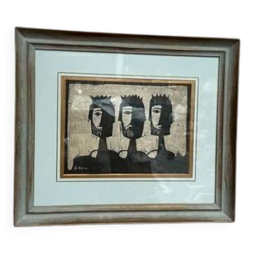Peinture sur bois émaillée "Trois Figures" par A. Holm, vintage et encadrée 37×32cm
