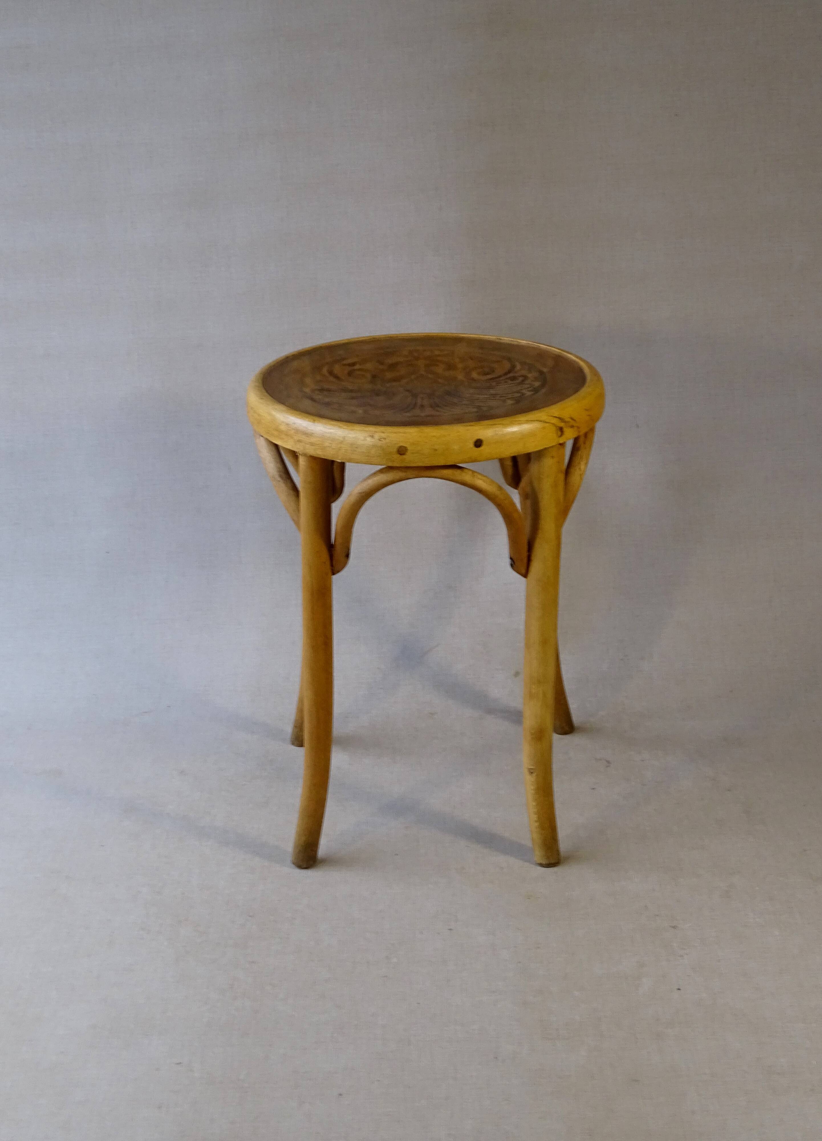 Bistro stool, wooden seat 1930 Fischel France