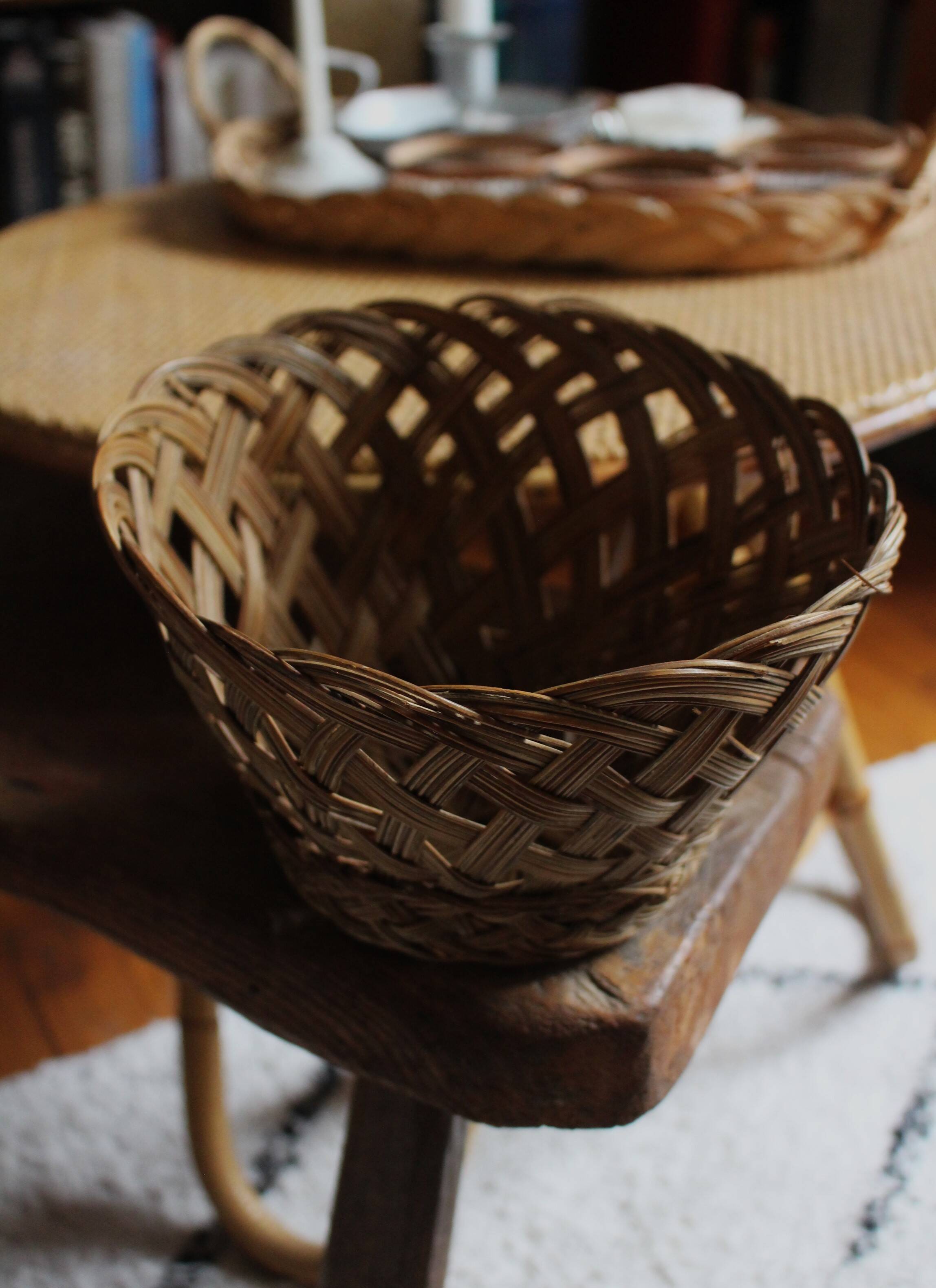 Small tall vintage openwork wicker basket