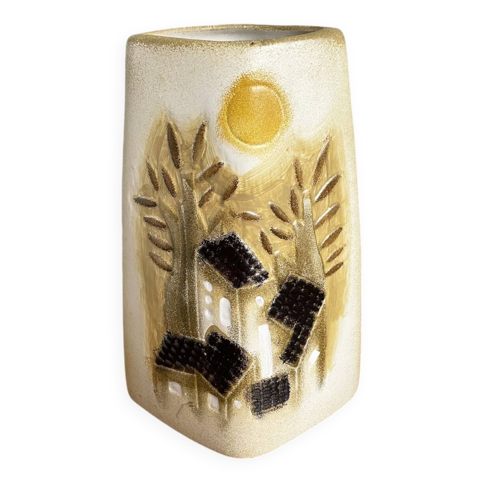 Beige-Yellow Chinese Ceramic Vase with Tactile Design Depicting Houses, Sun, Trees and Countryside