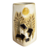 Beige-Yellow Chinese Ceramic Vase with Tactile Design Depicting Houses, Sun, Trees and Countryside