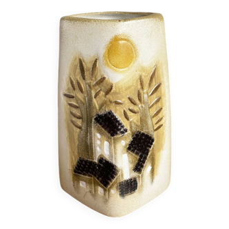 Beige-Yellow Chinese Ceramic Vase with Tactile Design Depicting Houses, Sun, Trees and Countryside