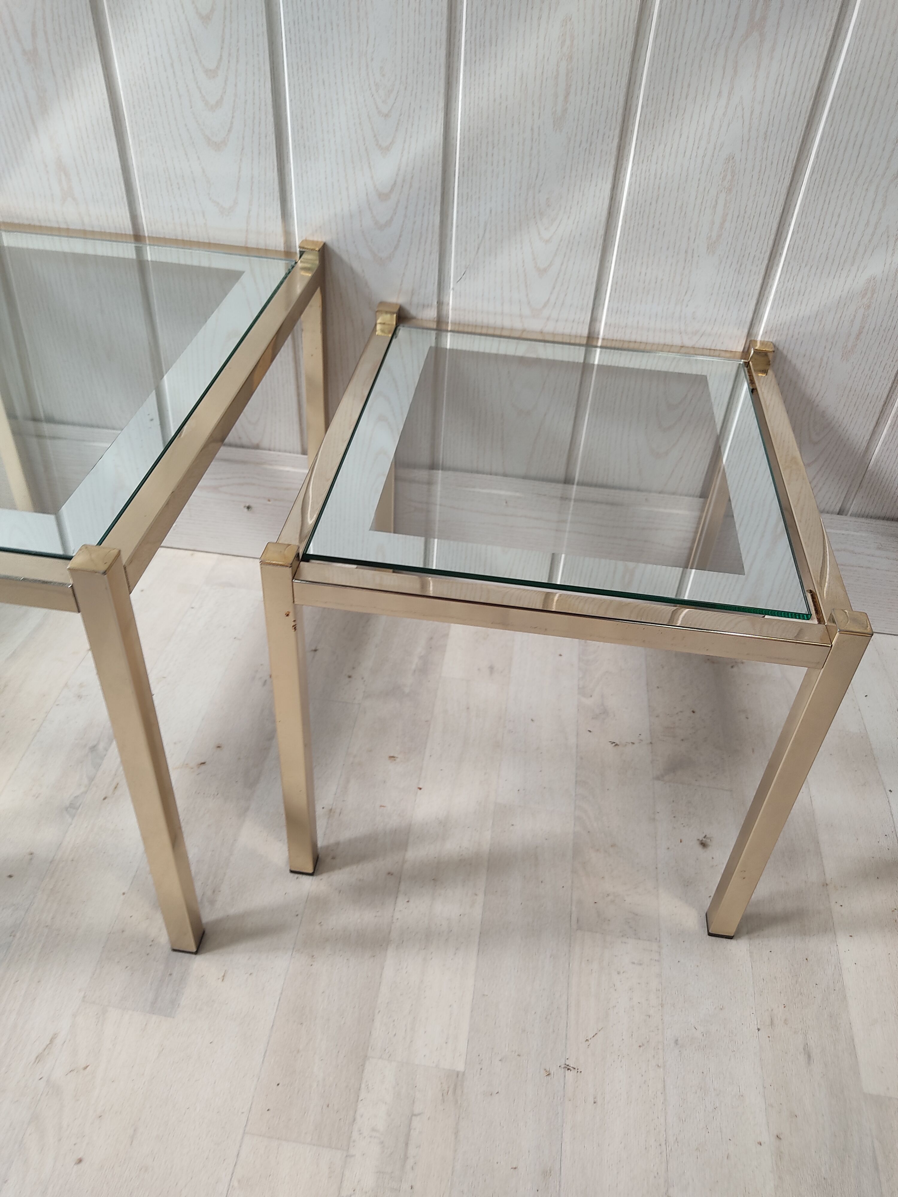 Vintage gilded metal side tables, glass and mirror