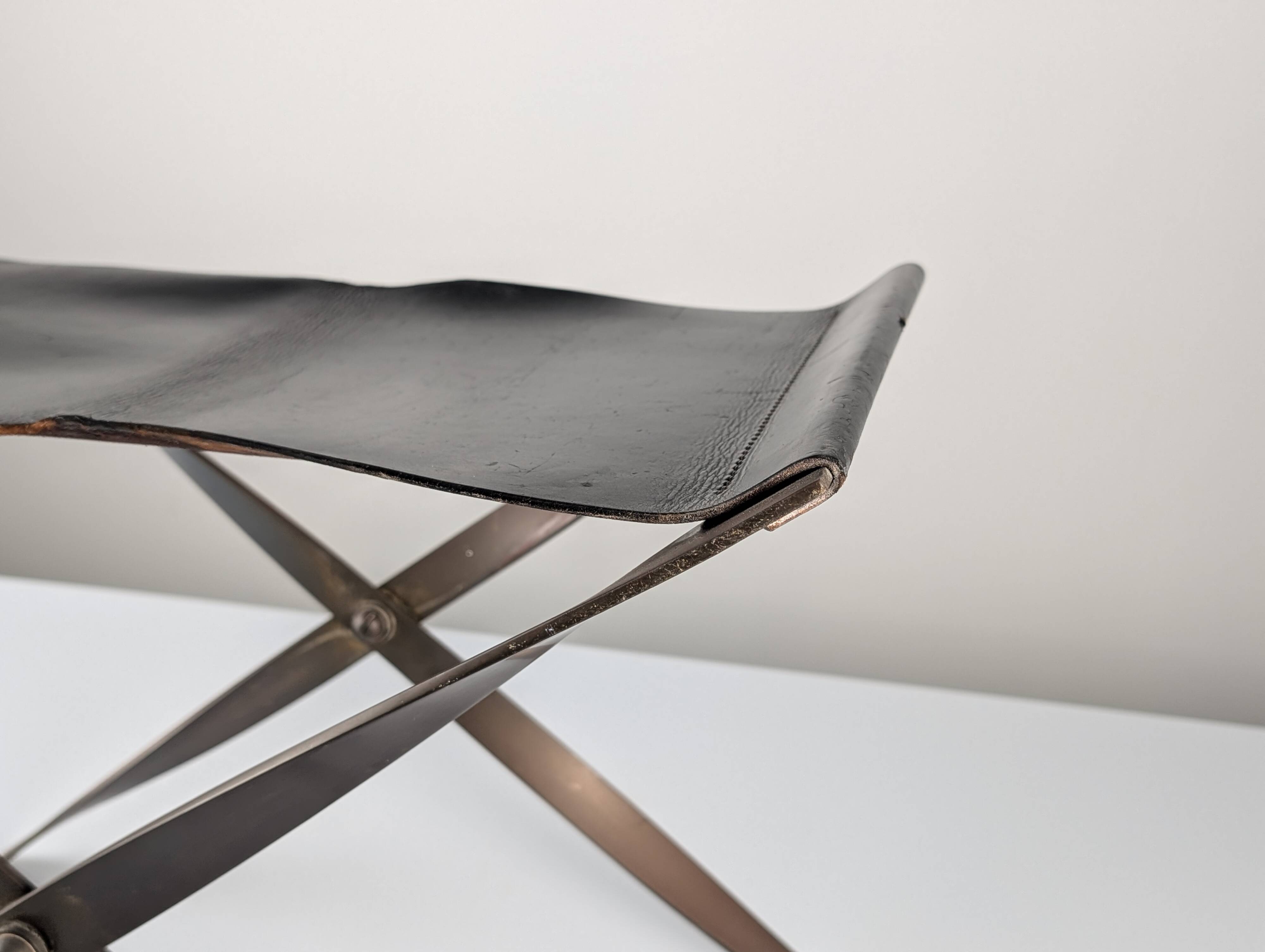 Folding Steel and Leather Stool, Denmark 1960s