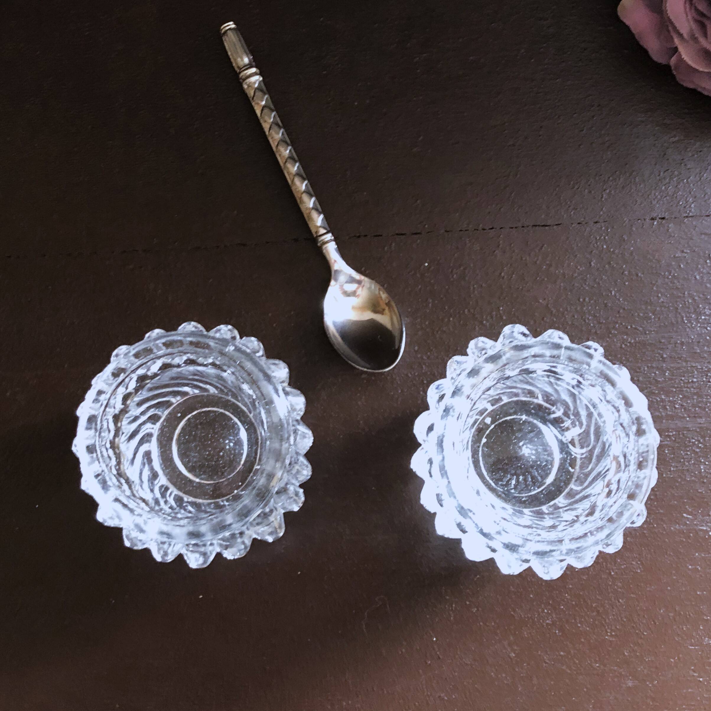Glass salt and pepper shaker set with vintage serving spoon