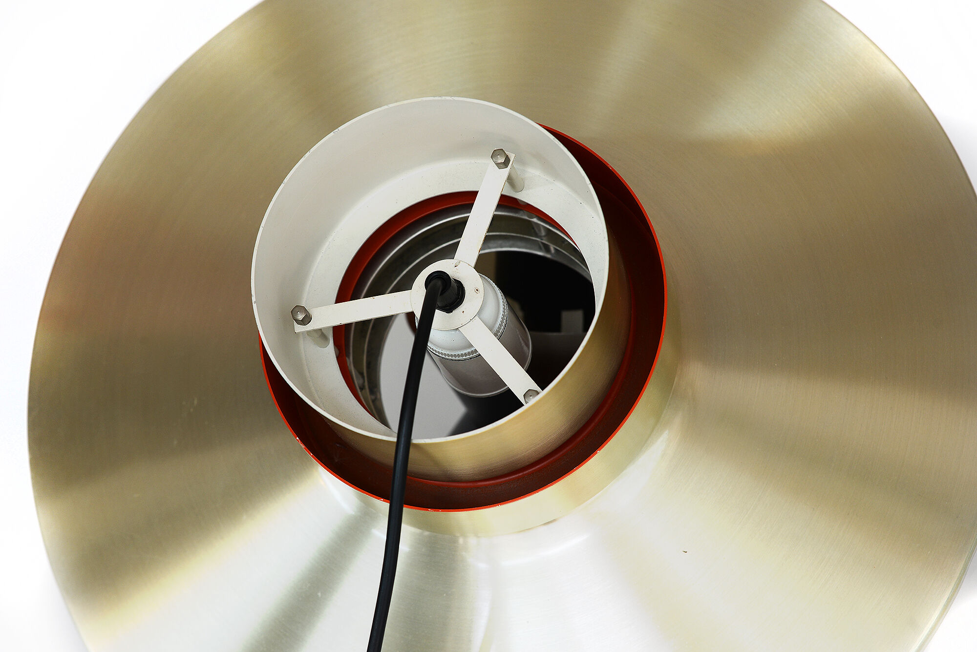 Brass coloured aluminium pendant light from Lyskaer. Denmark 1970s