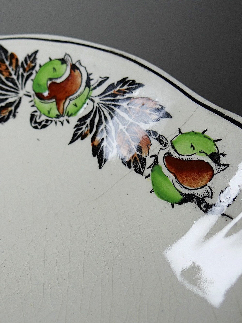 Antique compote dish "Marrons" Longchamp earthenware, polychrome ironstone.