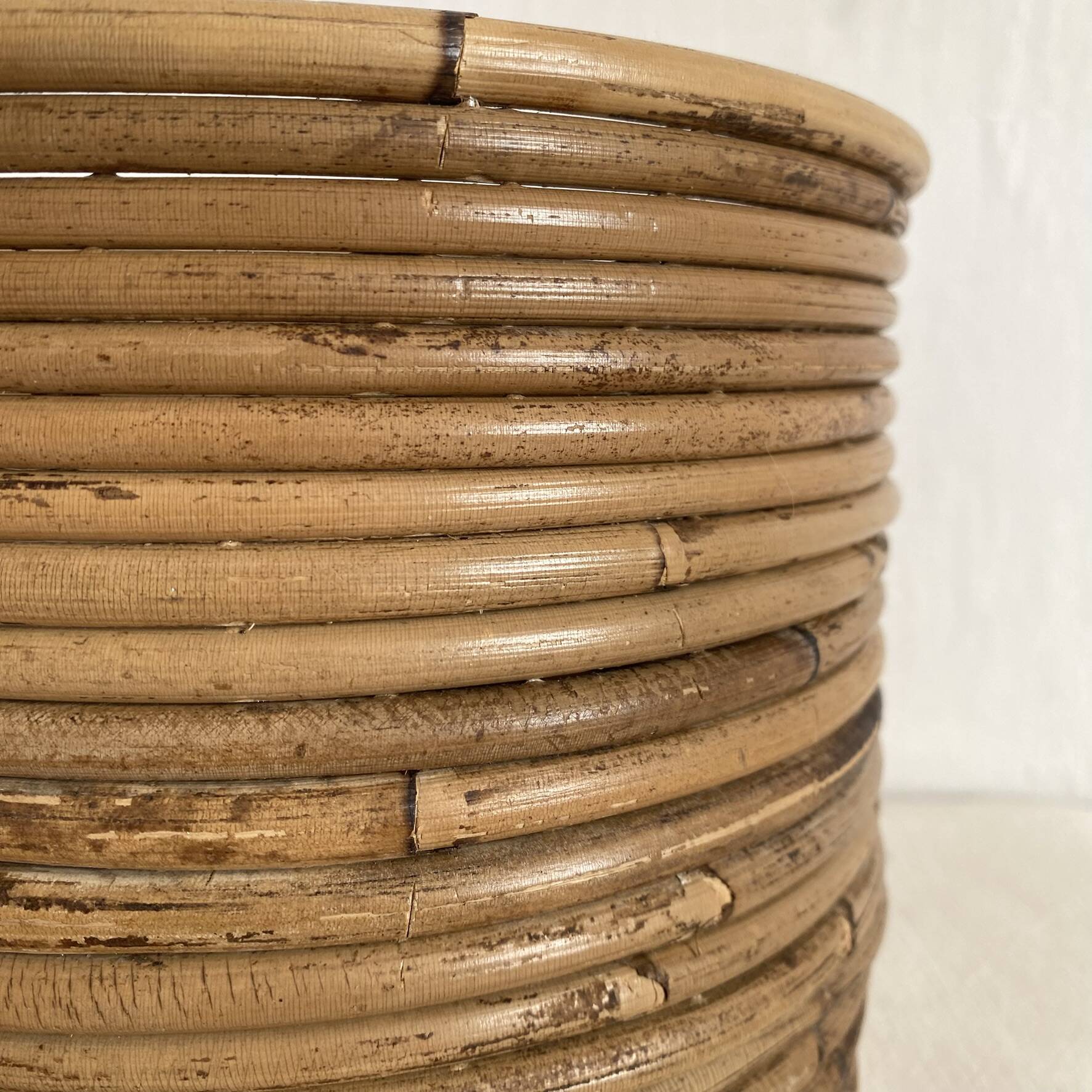Vintage rattan cache pot in the style of Gabriella Crespi.