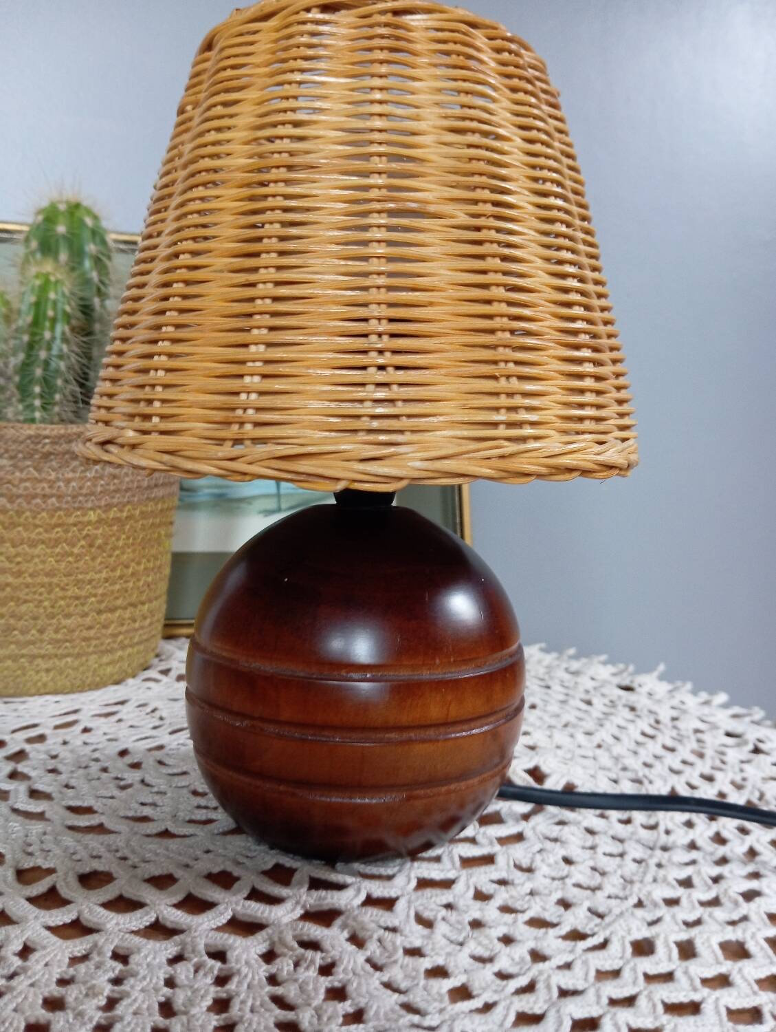 Vintage wooden and rattan table lamp