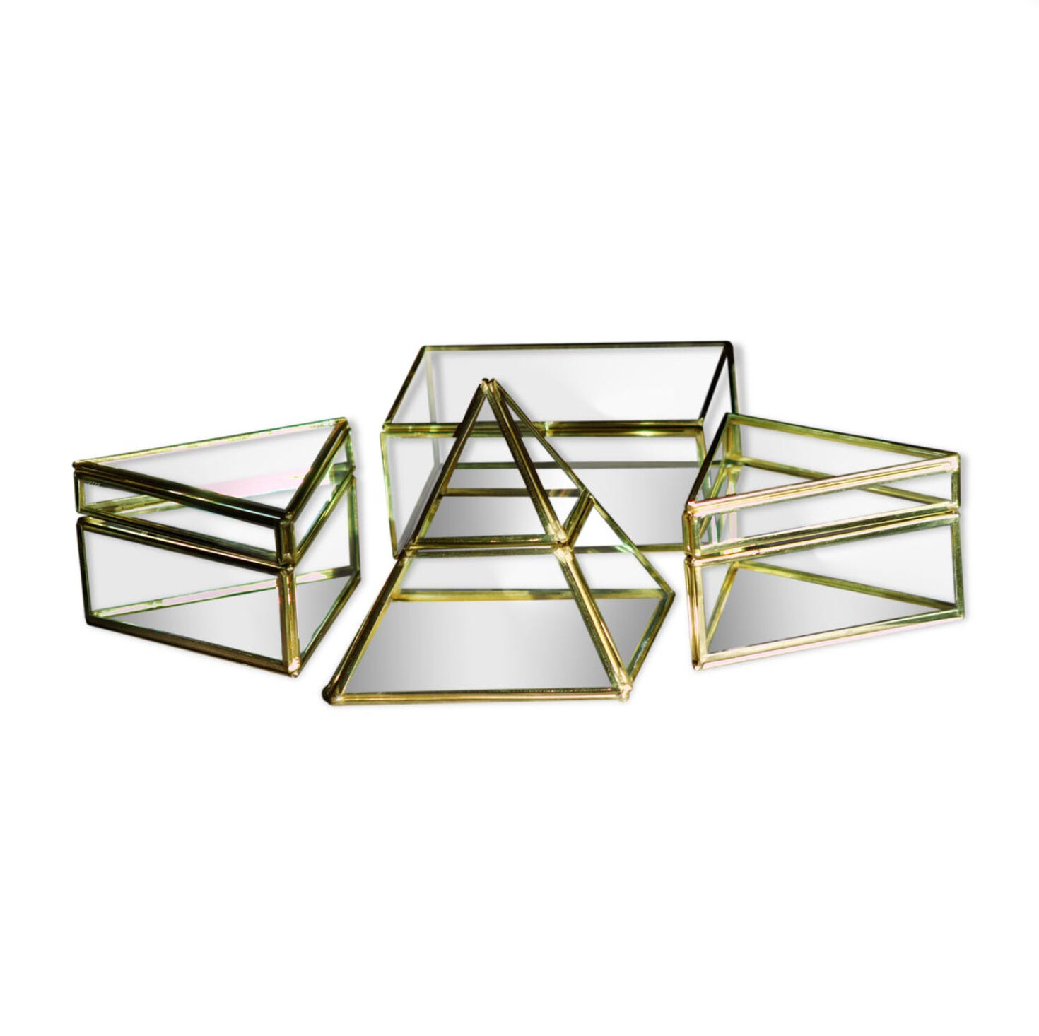 4 old glass, brass and mirror jewellery boxes