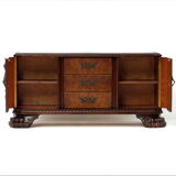 Hand carved 19th century Burr Walnut Sideboard cabinet with big Lion claw / paw feet.