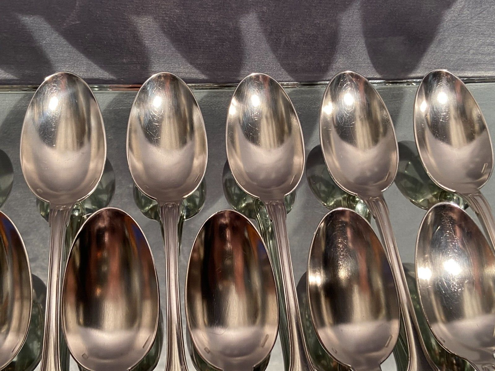 Suite of 12 large spoons silver metal decoration shell Louis XV Boulenger