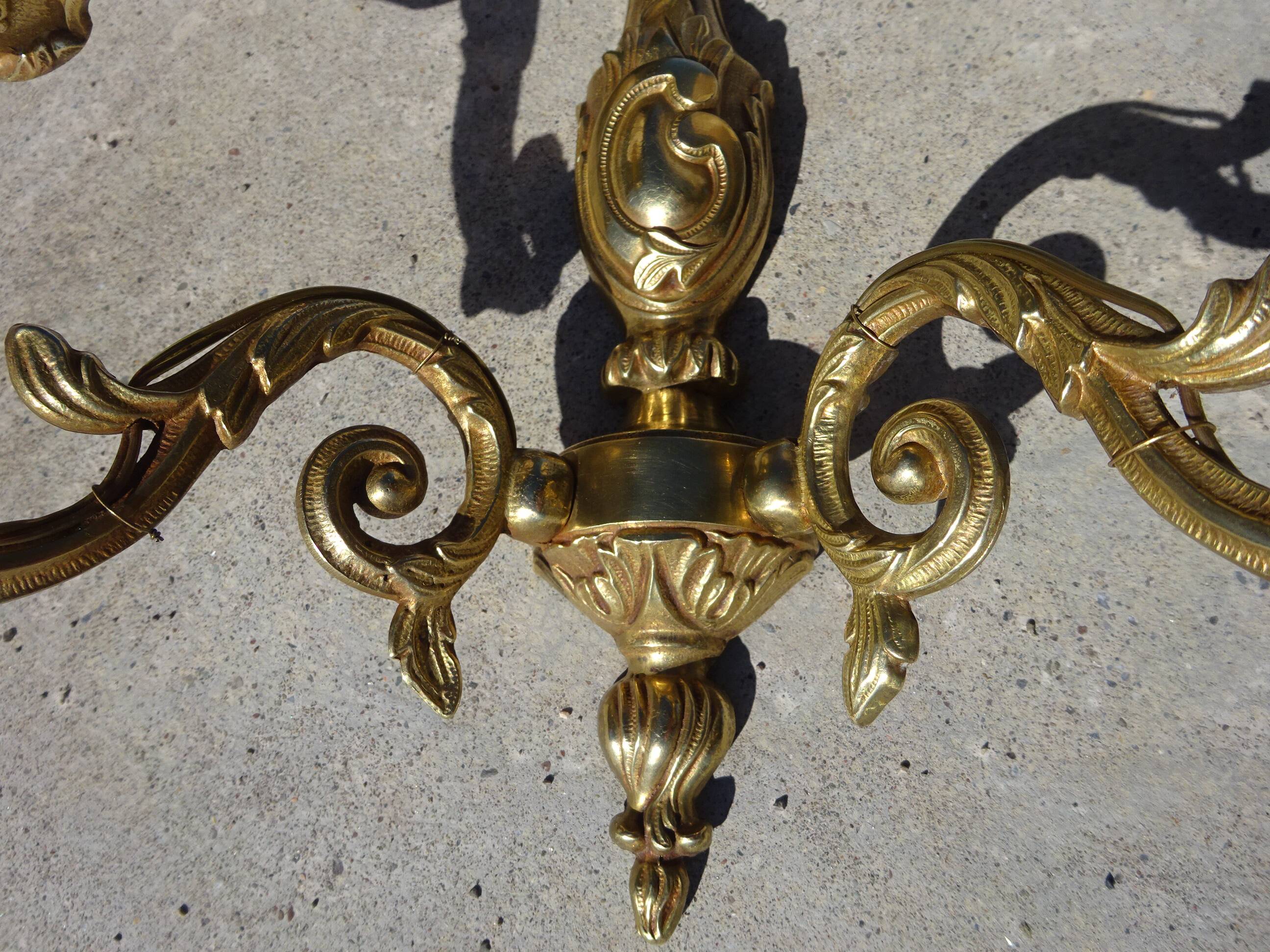 Bronze wall sconces, silk shades, pair