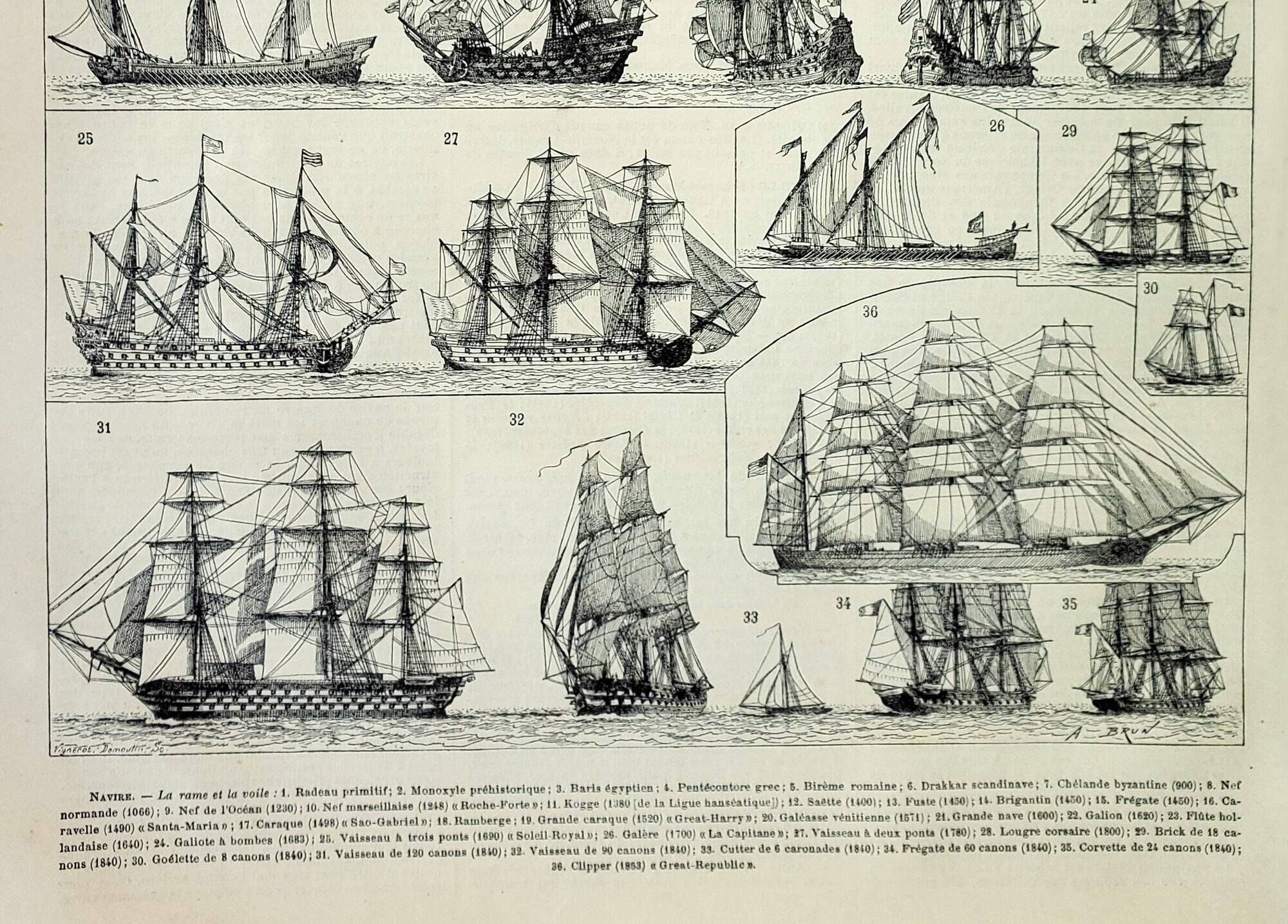 Old engraving 1898, Sailing boat and ship 1 • Lithograph, Original plate