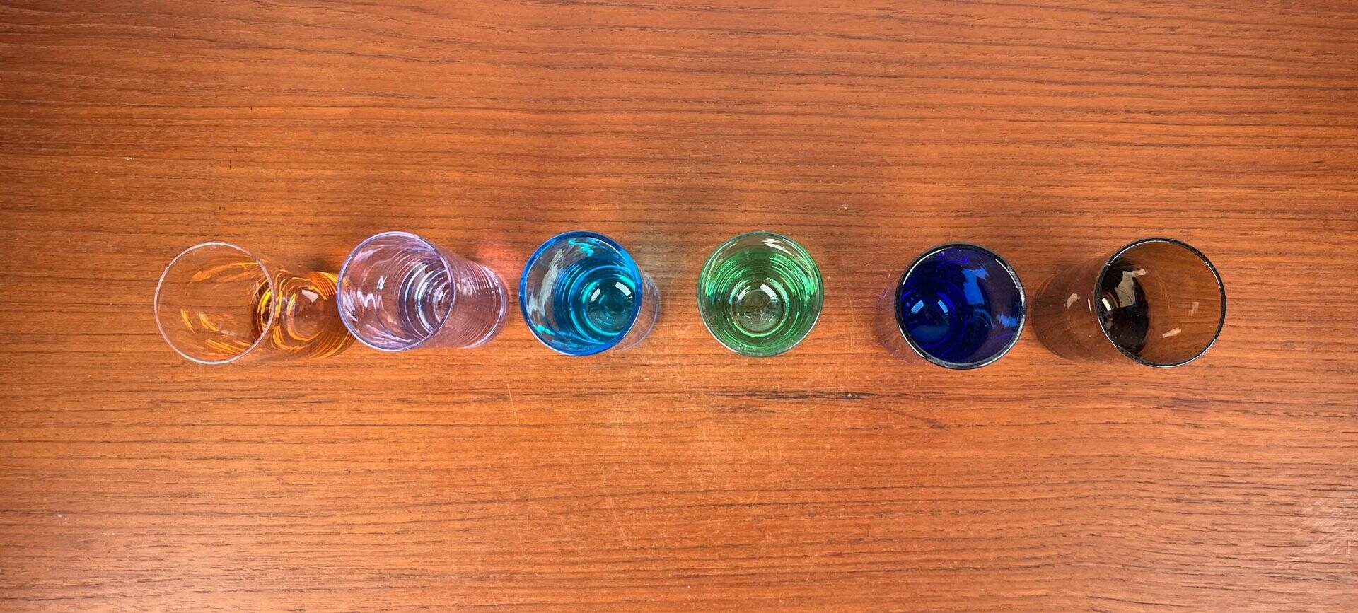 Coloured German shot glasses from the mid-century, 1960s, set of 6.