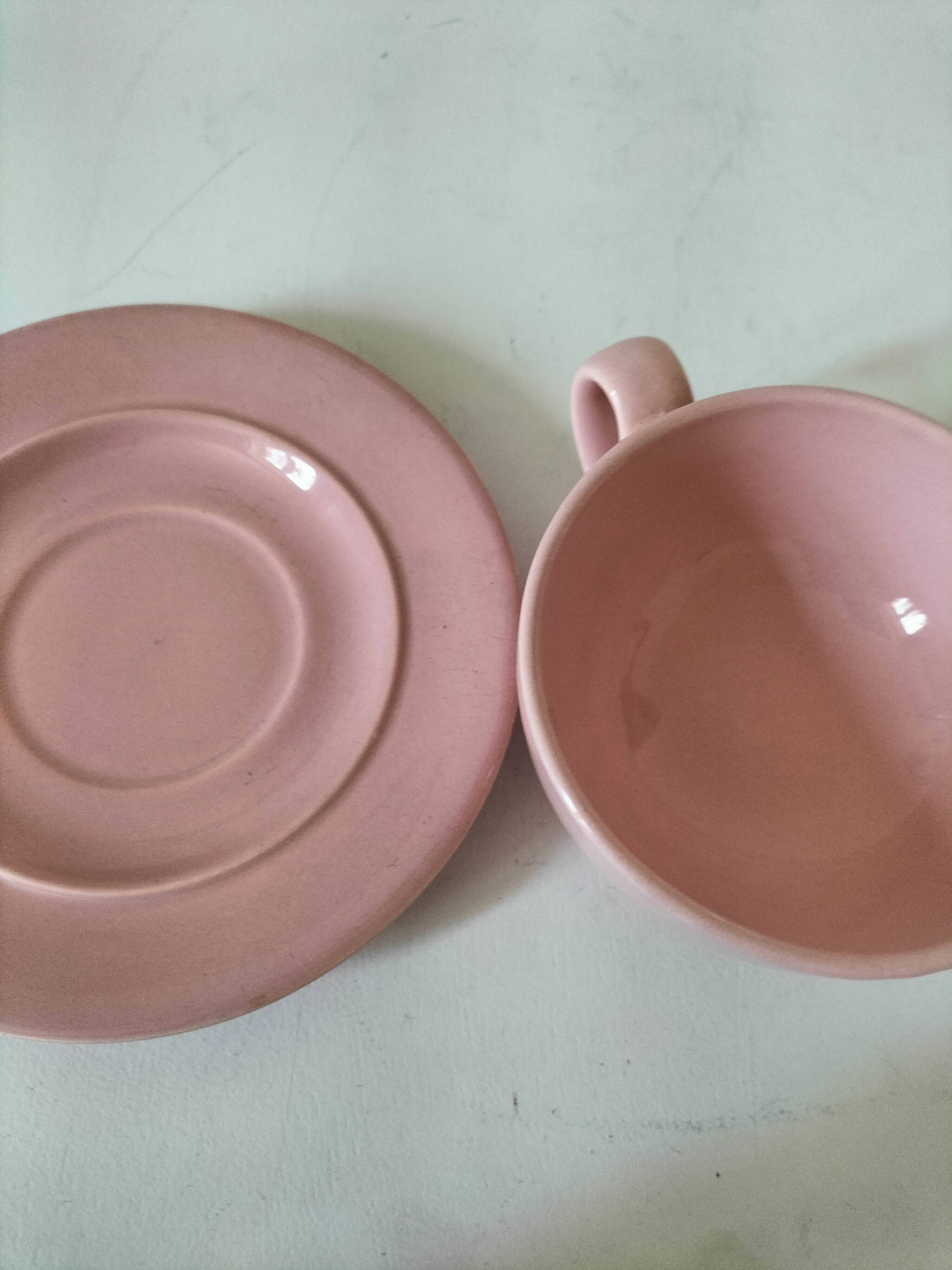 Cup and saucer Salins France in powdered pink earthenware – 1950s-60s