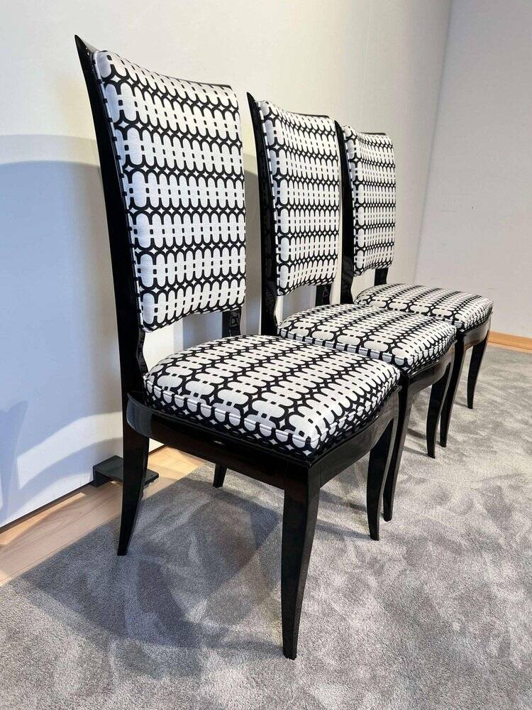 Art Deco High Back Black Lacquered Dining Chairs, France, 1930s, Set of 6