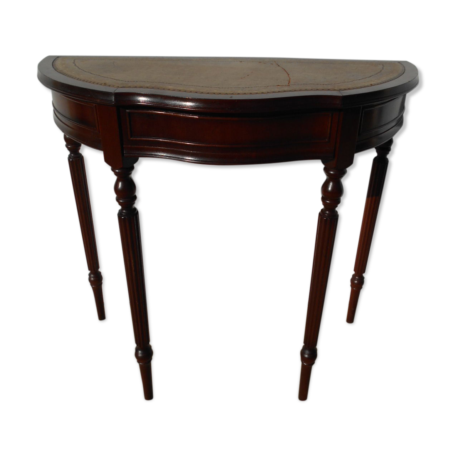 English-style half-moon console, mahogany and leather