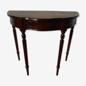 English-style half-moon console, mahogany and leather