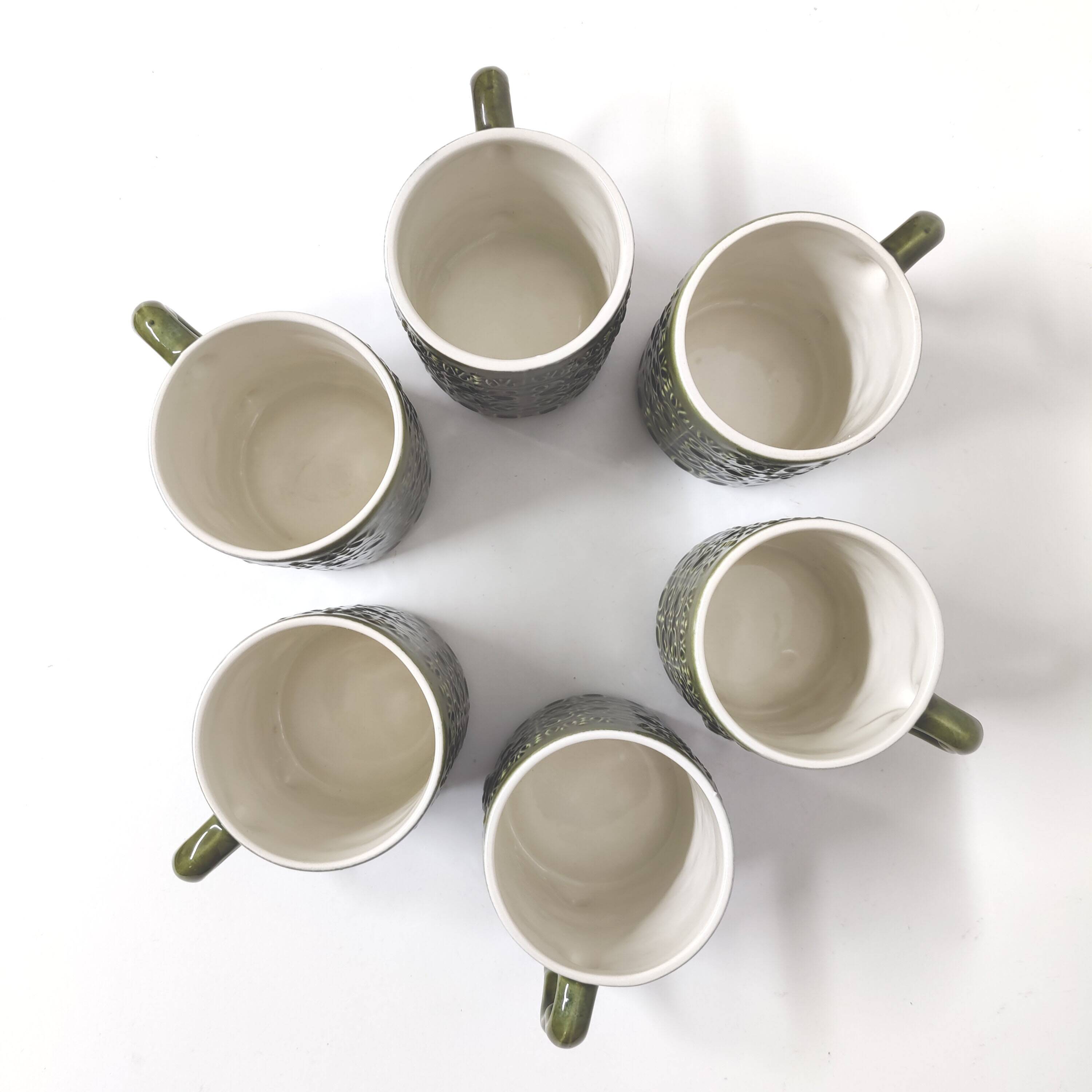 Set of 6 BP mugs in green slip vintage Portuguese ceramic 70s
