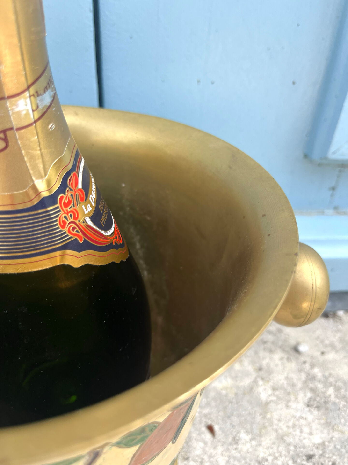 French Brass Cloisonné Style Champagne Bucket with Hand-Painted Fruit