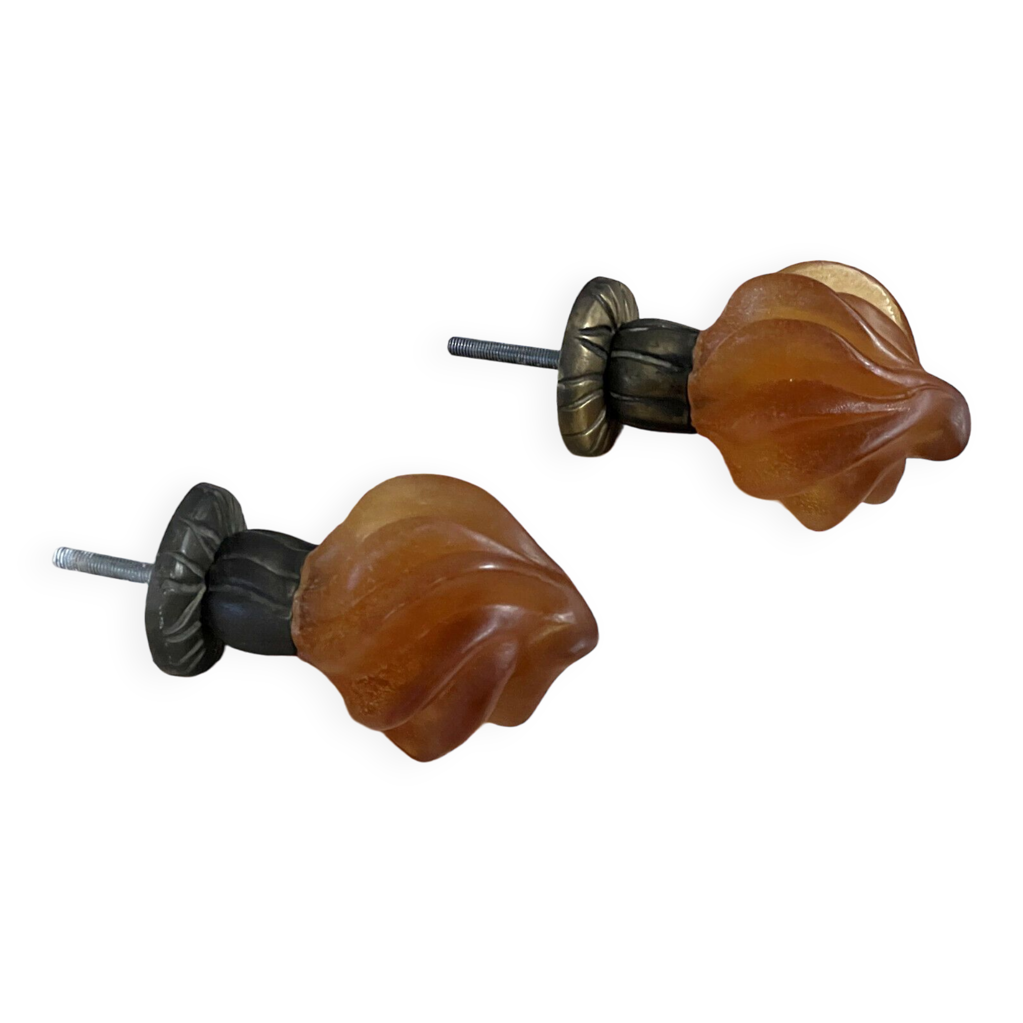 Deux poignées de porte en verre de couleur ambre circa 1970, daum france & mathias