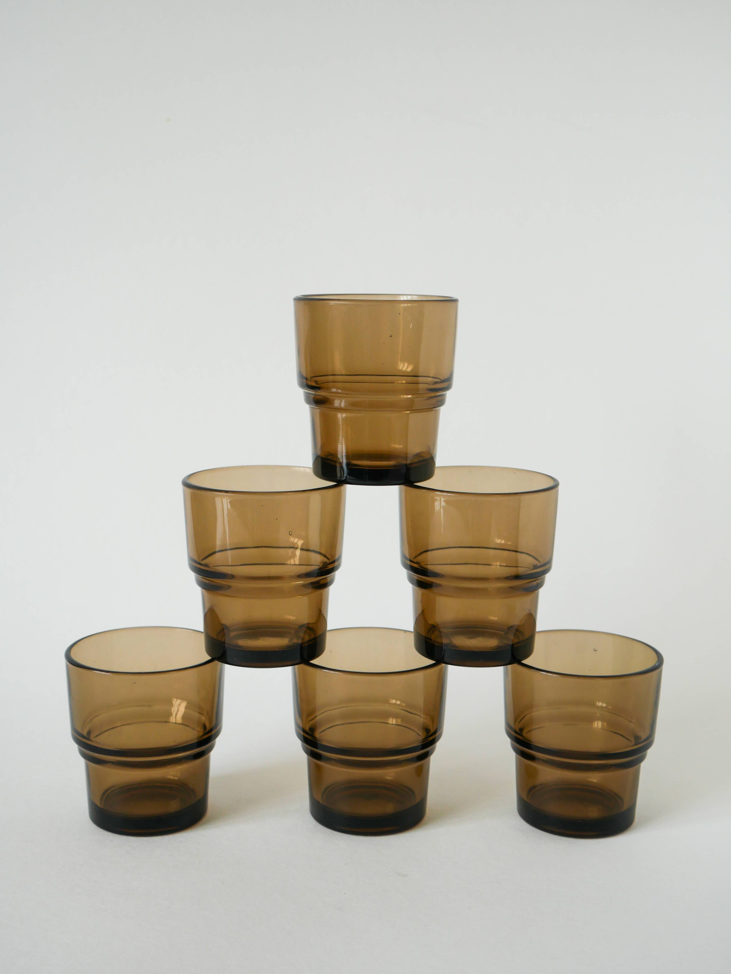 Set of 6 smoked glass water glasses, Design, 1970