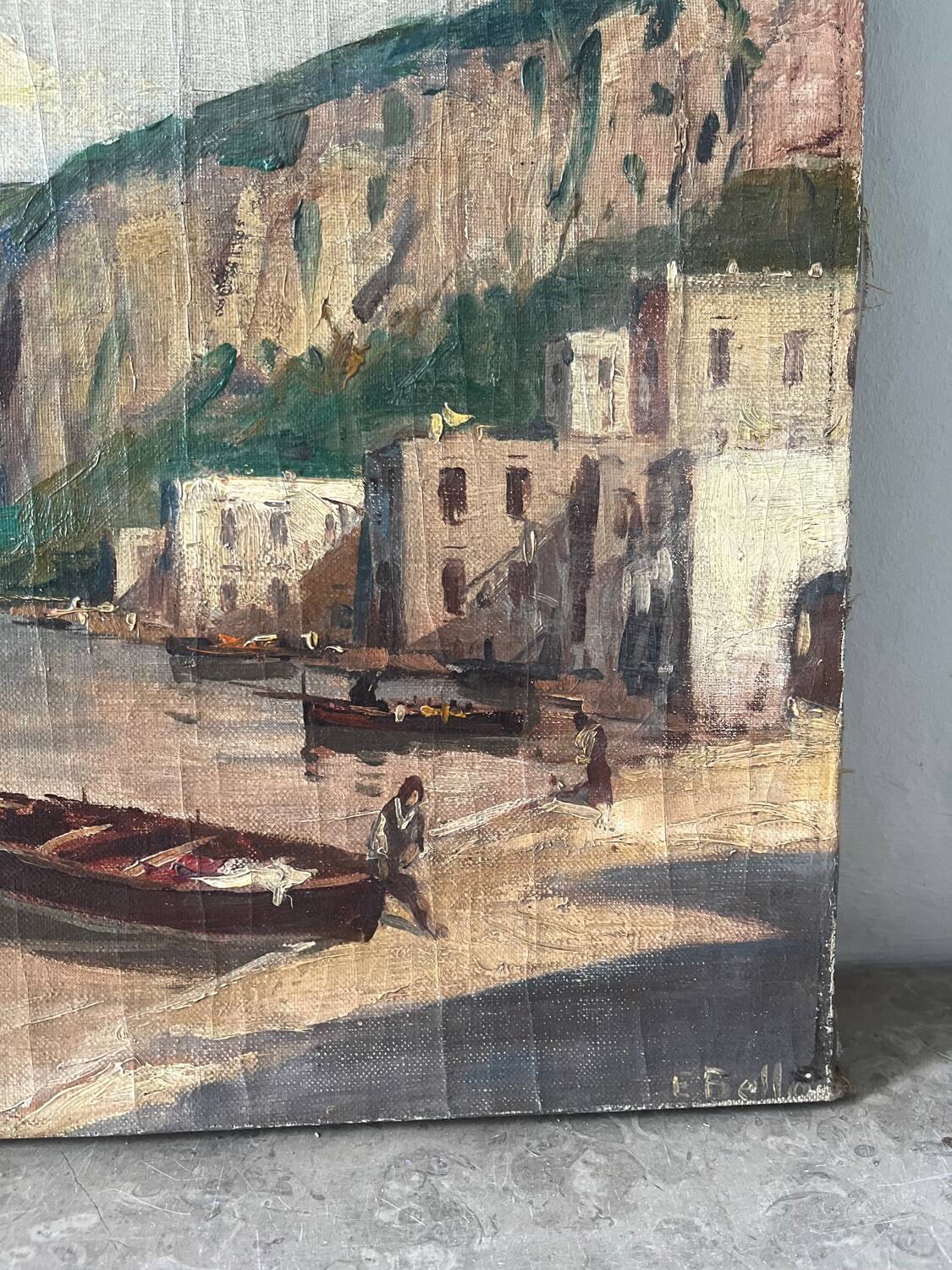 Village in the cliffs, oil on canvas signed E. Bello