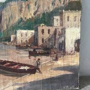 Village in the cliffs, oil on canvas signed E. Bello