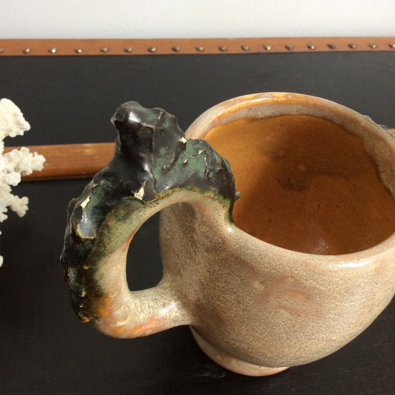 Mug cup with laughing face in sandstone Sylvain Sttublet vintage ceramic 1950