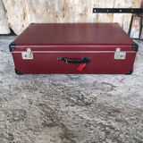 Old suitcase red cardboard bordeaux clasp metal vintage