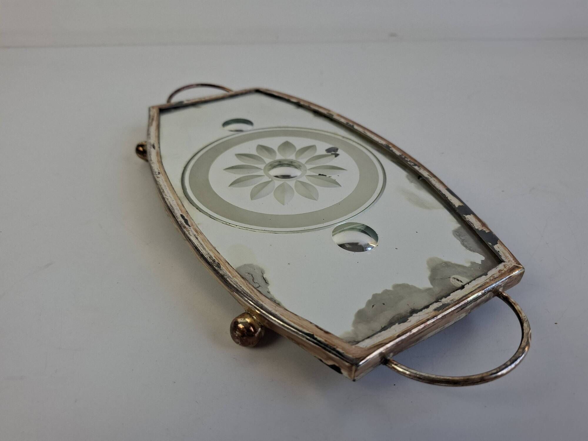Vintage Art Deco Mirrored Glass Serving Tray with Floral Motif