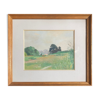 Table HSP "Wooded landscape" signed middle XX° + frame