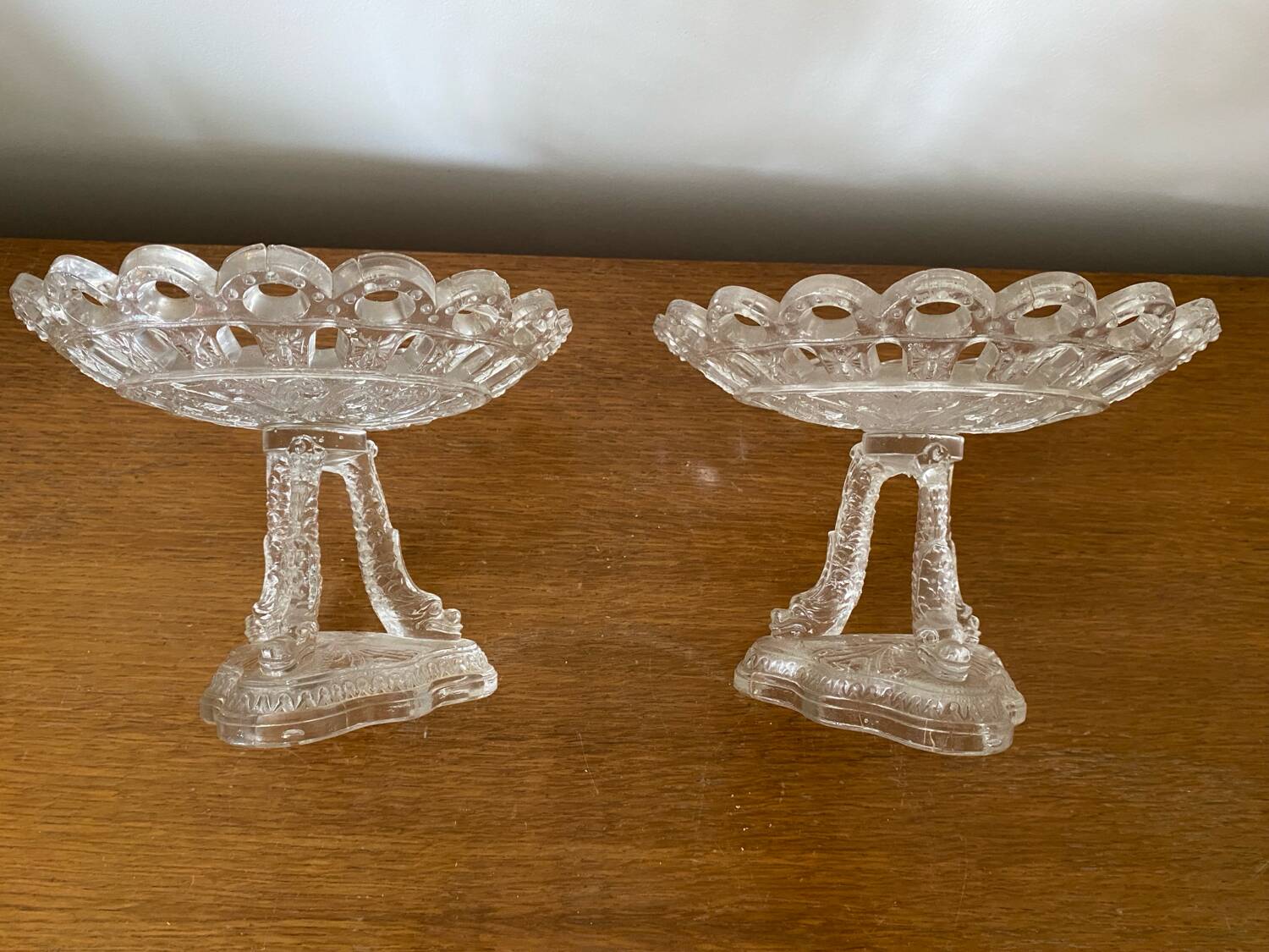 Antique pair of crystal cup drageoirs with tripod fish foot, 19th century vintage