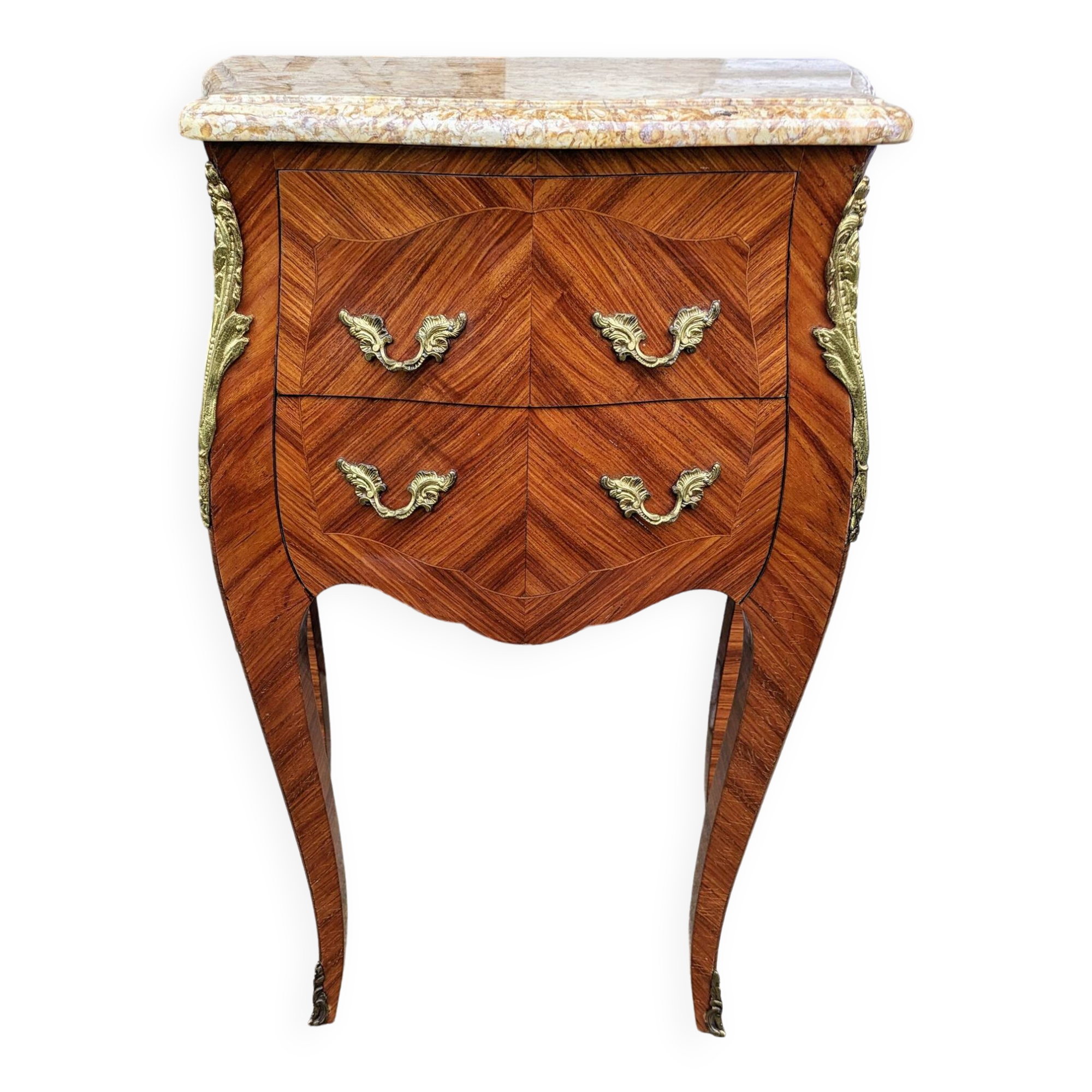 Curved chest of drawers with 2 drawers in rosewood, marble and bronze marquetry, Louis XV style