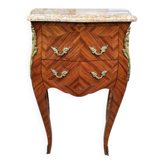 Curved chest of drawers with 2 drawers in rosewood, marble and bronze marquetry Louis XV style