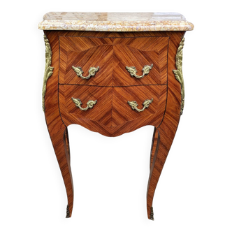 Commode galbée 2 tiroirs en marqueterie bois de rose, marbre et bronze Style Louis XV